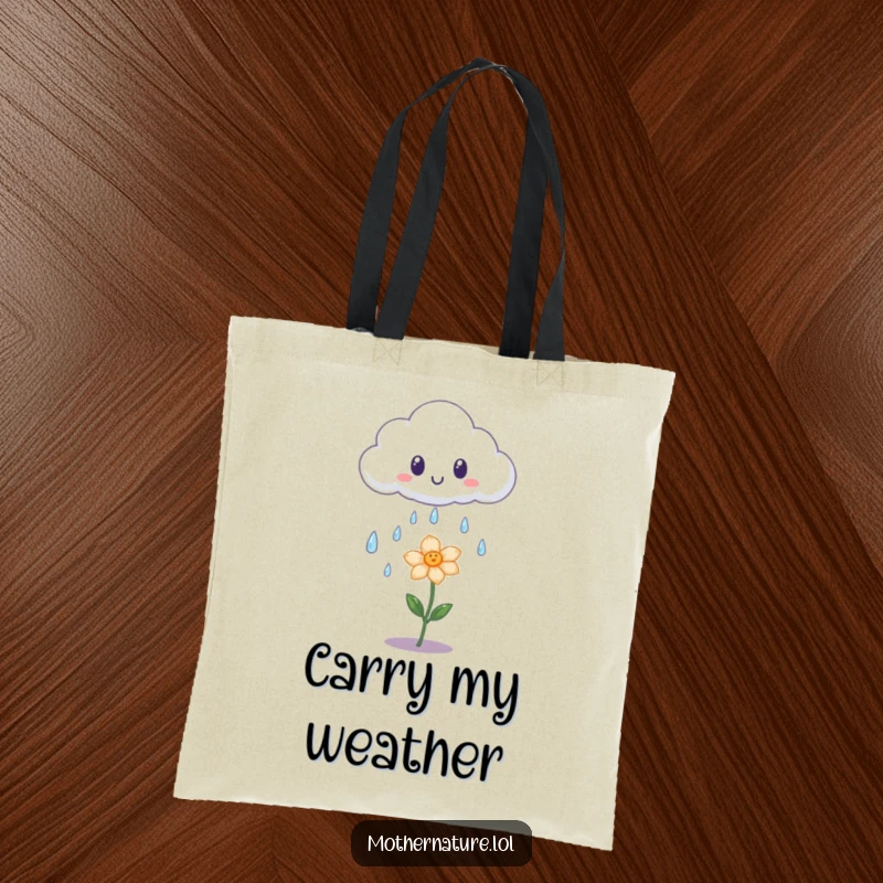 Funny tote bag showing a surprised cloud shedding iridescent raindrops onto a tiny, happy flower; a symbol of gentle care.