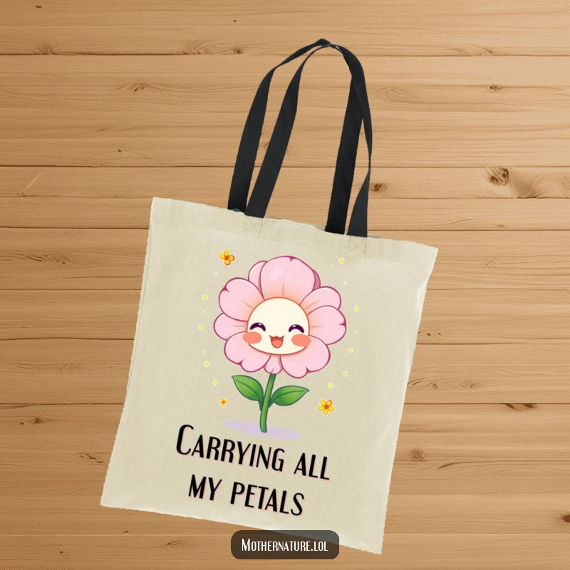 Funny tote bag depicting a cheerful flower character blooming vibrantly and showering tiny pollen sparkles, practical and full of personality.