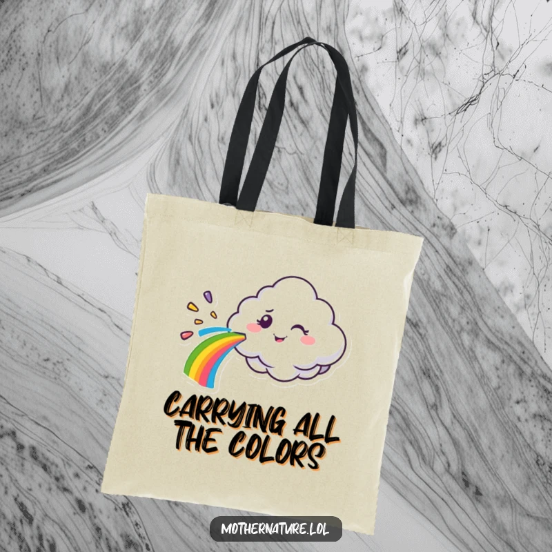 Funny cloud character tote bag, spraying a rainbow with a mischievous wink, a colorful and humorous accessory.
