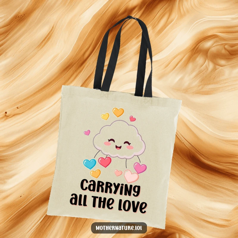 Funny tote bag illustrating a tiny, cute cloud character in mid-giggle, raining down a joyful stream of colorful, bouncy heart-shaped raindrops.