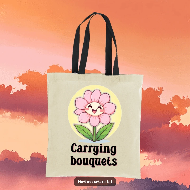 Funny Tote Bag of a happy flower character joyfully opening its petals to soak in the warm, bright sunshine.