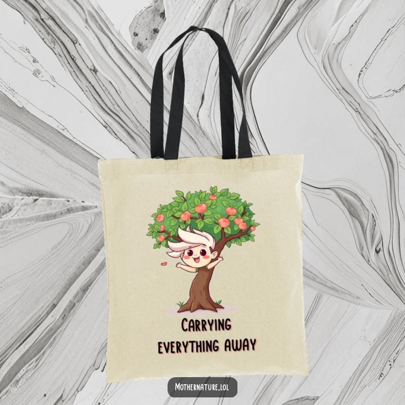 Mischievous wind gust character ruffling leaves of a happy tree on an eco-friendly tote bag, ready for playful errands.