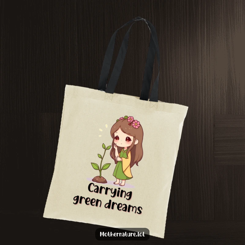 Mother Nature Tote Bag: Character encouraging a small sprout, symbolizing potential and care. A stylish and meaningful gift.