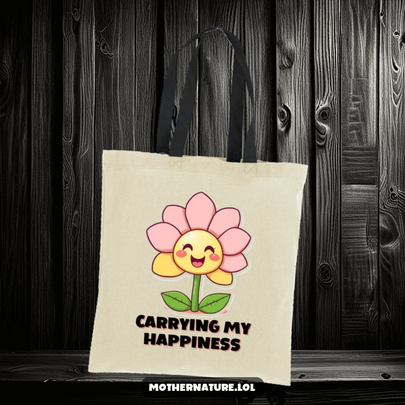 Funny Giggling Flower Tote Bag with a happy character unfurling petals to reveal a delightful smiley face, great for everyday use.