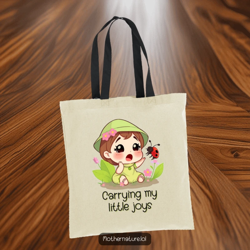 Funny tote bag showing Mother Nature surprised by a friendly ladybug tickling her, perfect for carrying essentials with a playful vibe.