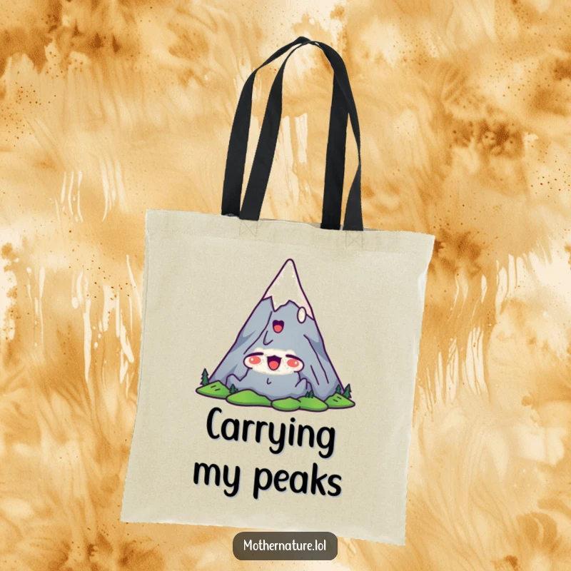 Funny mountain tote bag with a cute character stretching its peaks upwards with a satisfied yawn, ideal for carrying everyday items.
