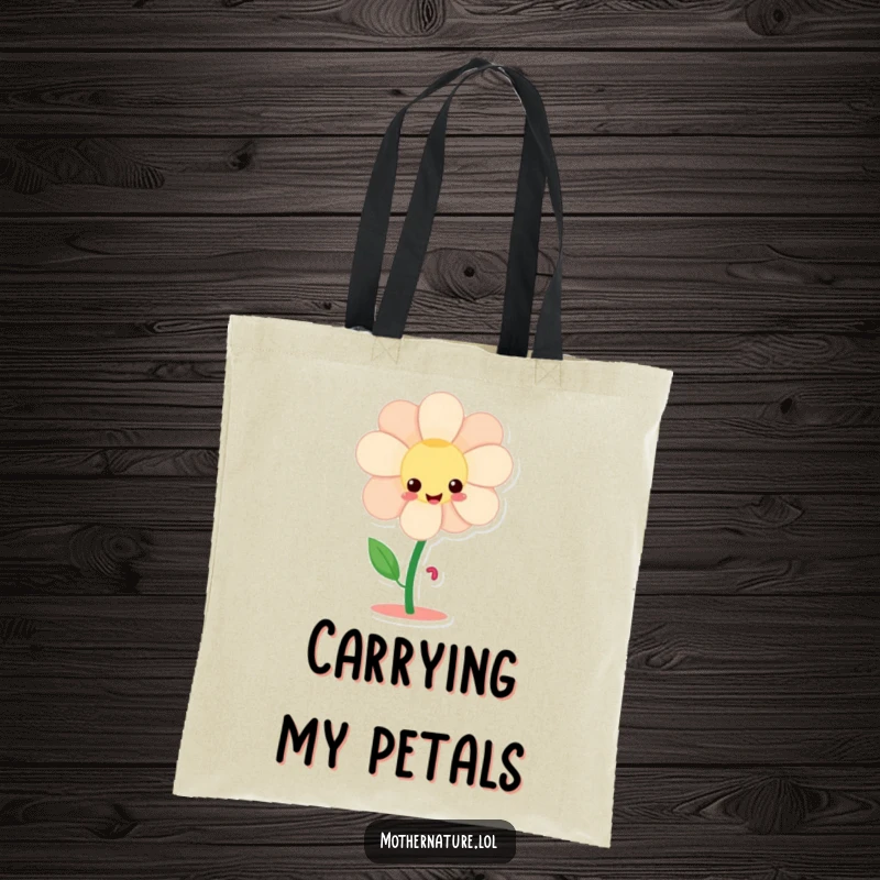 Funny flower character tote bag, giggling and twirling with tiny dancing legs, a humorous and practical accessory.