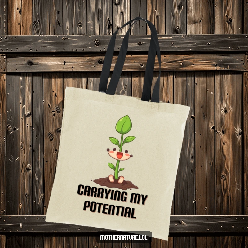 Funny seedling character stretching its first leaf upwards on a durable tote bag, symbolizing ambition.