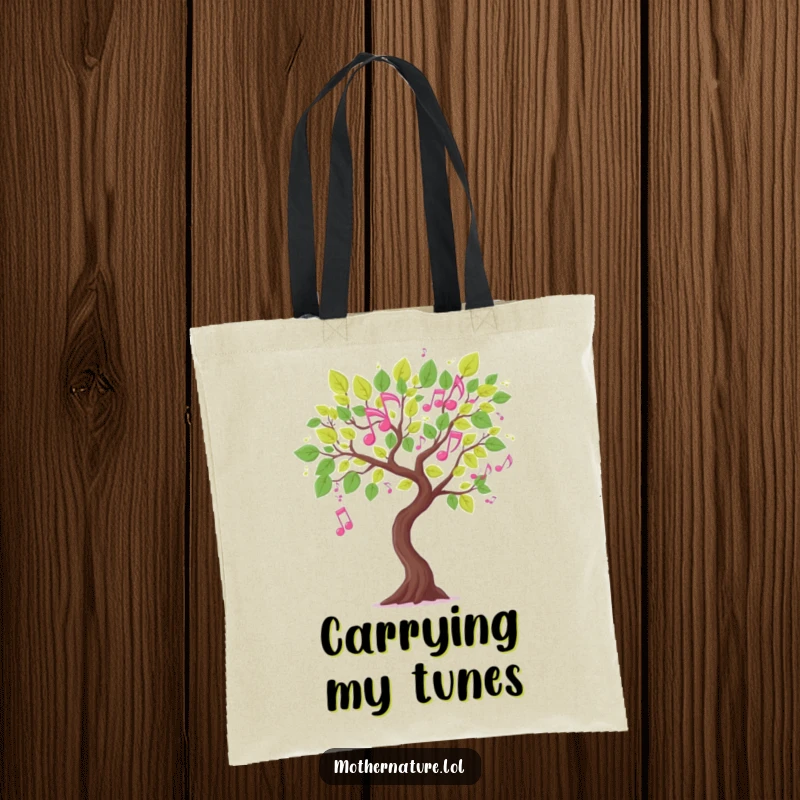 Funny musical tree branch tote bag, leaves shaped like dancing musical notes, whimsical and practical, perfect gift.