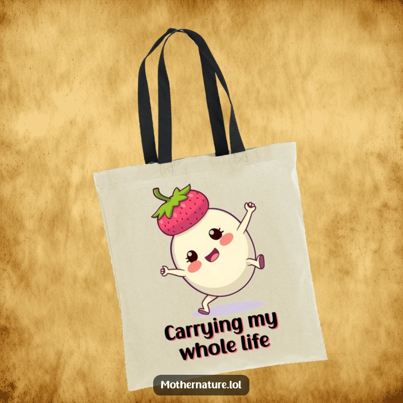 Funny tote bag with a determined plump berry performing a spirited cartwheel, showcasing a blend of fitness and fruity fun.