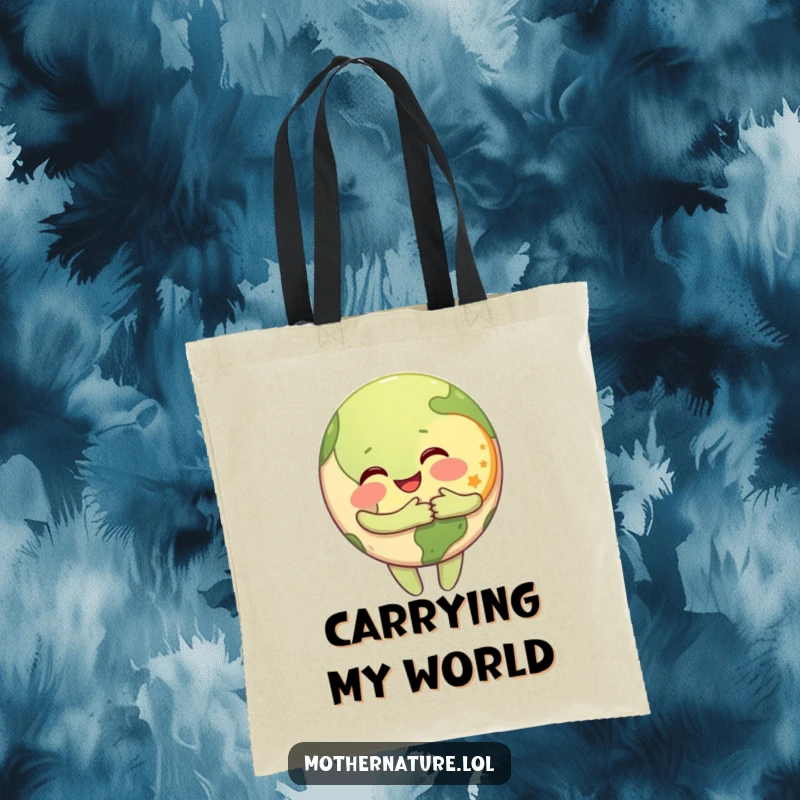 Funny Tote Bag with a happy Earth character hugging a smiling Moon, perfect for carrying essentials with cosmic flair.