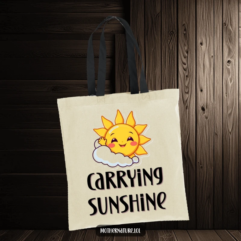 Funny smiling sun character waving enthusiastically from behind a giggling cloud, on a practical and cheerful tote bag.