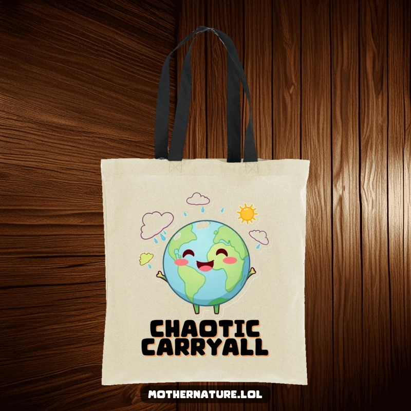 Funny Earth tote bag featuring a smiling Earth character juggling rain clouds and sunshine, perfect for eco-friendly shopping.