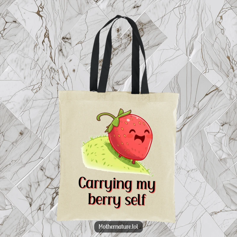 Funny tote bag featuring a plump, dizzy strawberry rolling with abandon down a grassy hill, radiating pure, hilarious joy.