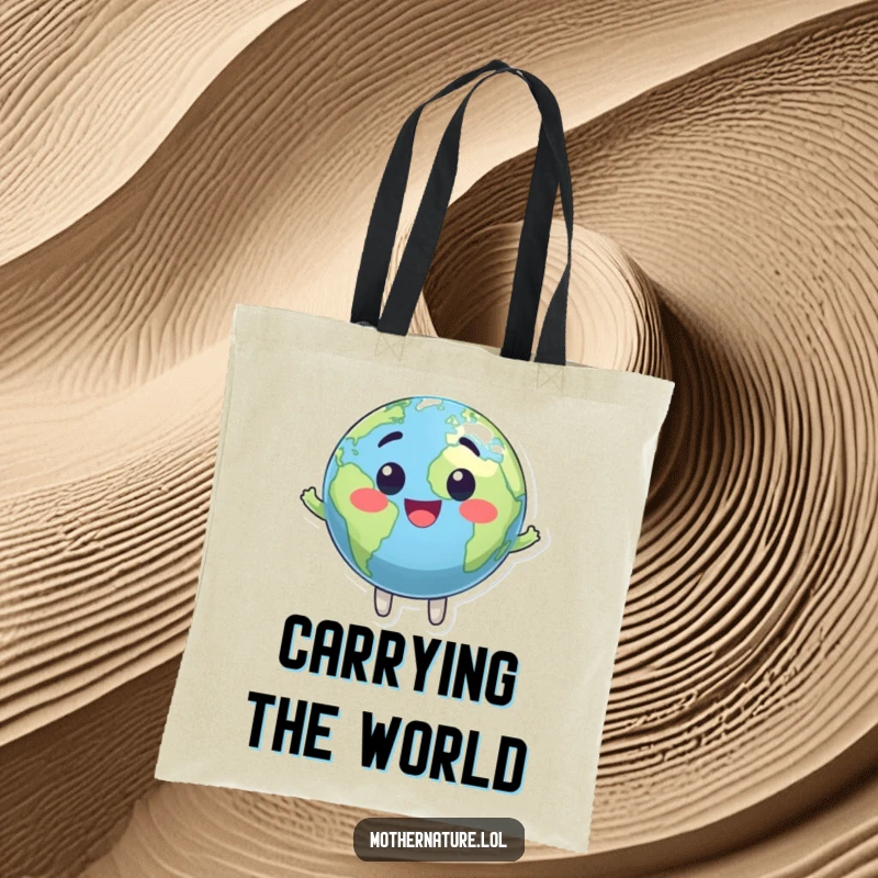 Funny tote bag showcasing a happy, bouncing Earth globe character with a wide grin. Perfect for shopping.