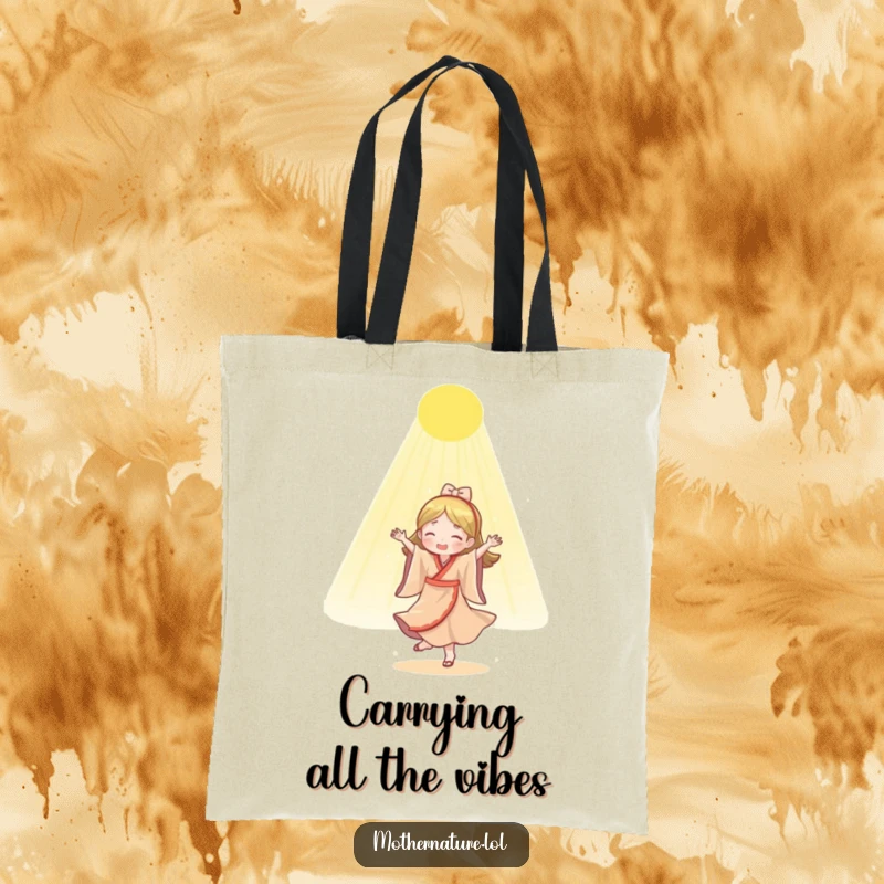 Funny Mother Nature tote bag showcasing a cheerful character dancing joyfully under a beautiful shower of golden sunlight.