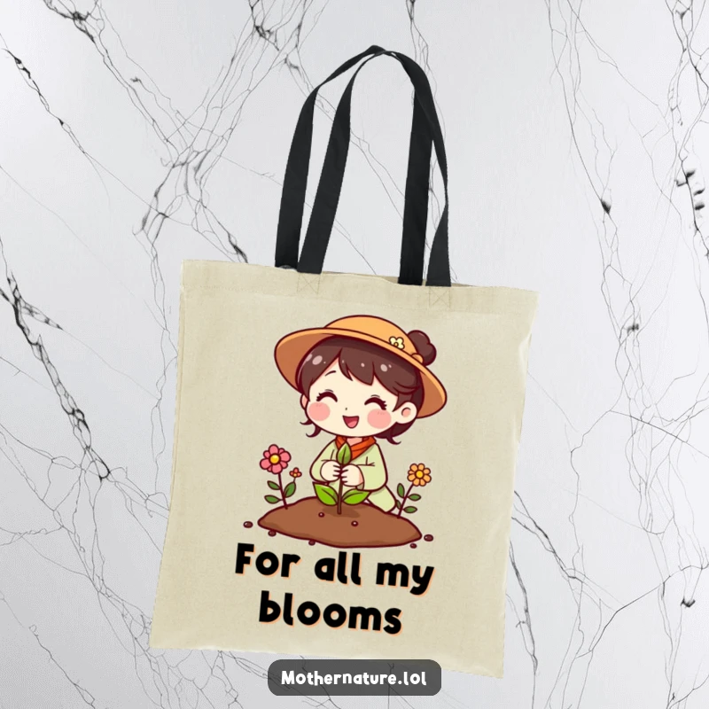 Funny Mother Nature tote bag featuring a cheerful character planting a seed that instantly grows into a bouquet of flowers.