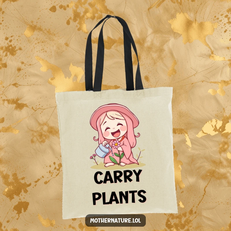 Funny tote bag graphic of Mother Nature laughing and watering a tiny, giggling flower.