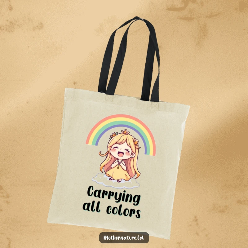 Funny Mother Nature tote bag featuring a laughing character surrounded by a vibrant rainbow, perfect for cheerful outings.