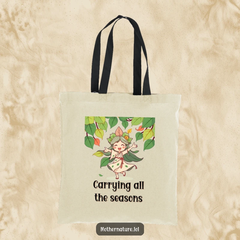 Funny Mother Nature tote bag featuring a joyful character dancing joyfully with a vibrant swirl of leaves, highlighting its eco-friendly and fashionable design.