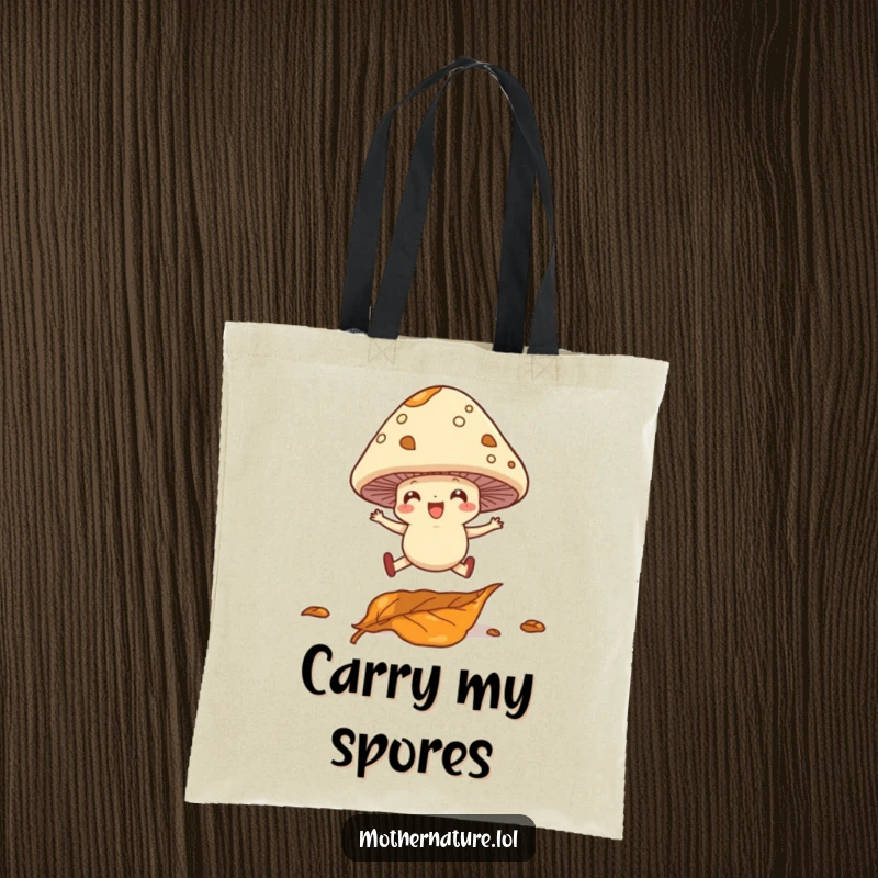 Funny tote bag depicting a cheerful mushroom with legs joyfully leaping over a fallen leaf, a symbol of woodland fun.