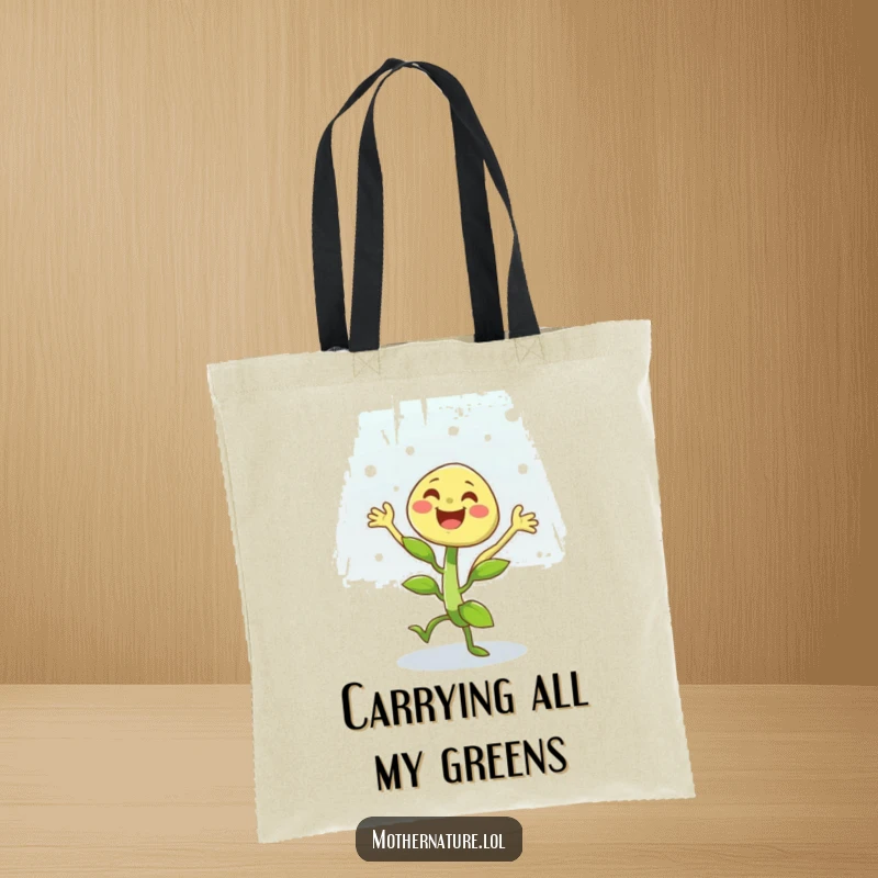 Funny tote bag showcasing a happy plant character performing a joyful dance amidst a light, refreshing rain shower.
