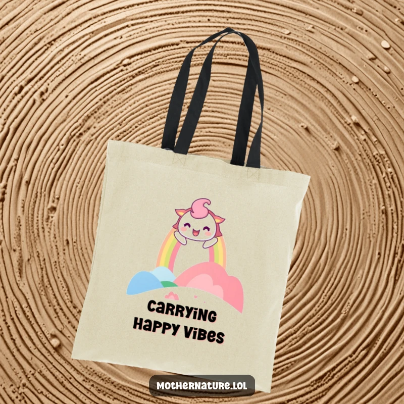 Funny Tote Bag depicting a playful rainbow character arching over a laughing landscape, practical and cheerful.