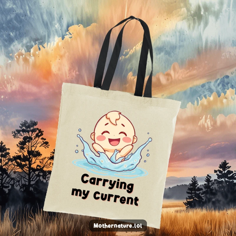 Funny river character tote bag, smiling and playfully splashing with a delighted expression, a humorous and practical accessory.