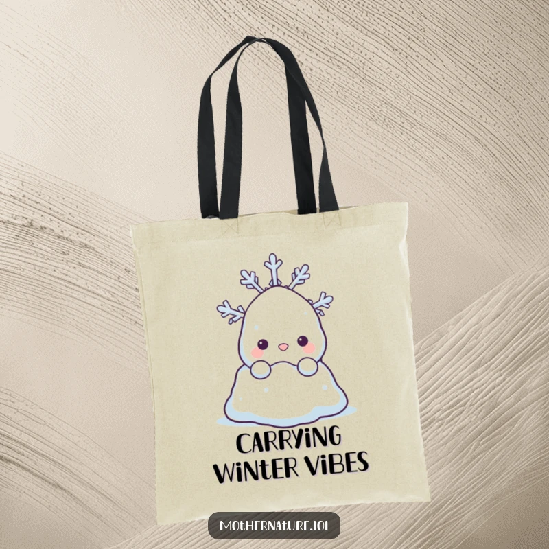 Funny tote bag with a shy snowdrift character peeking from behind a happy snowflake. Perfect for shopping.