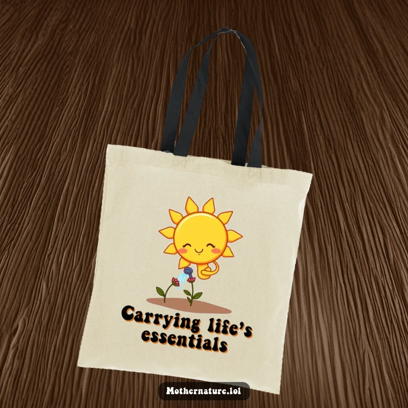 Funny tote bag featuring a smiling sun character watering a nearly dead flower, ideal for grocery runs.