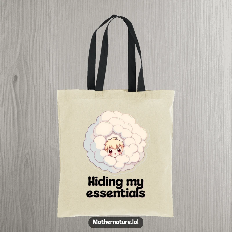 Funny tote bag with a comical character peeking with astonishment from a giant, swirling cloud.