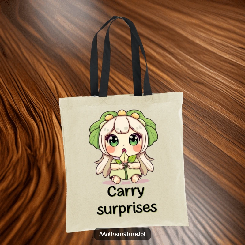 Funny tote bag graphic of Mother Nature with wide, surprised eyes, holding a sprouting seed.