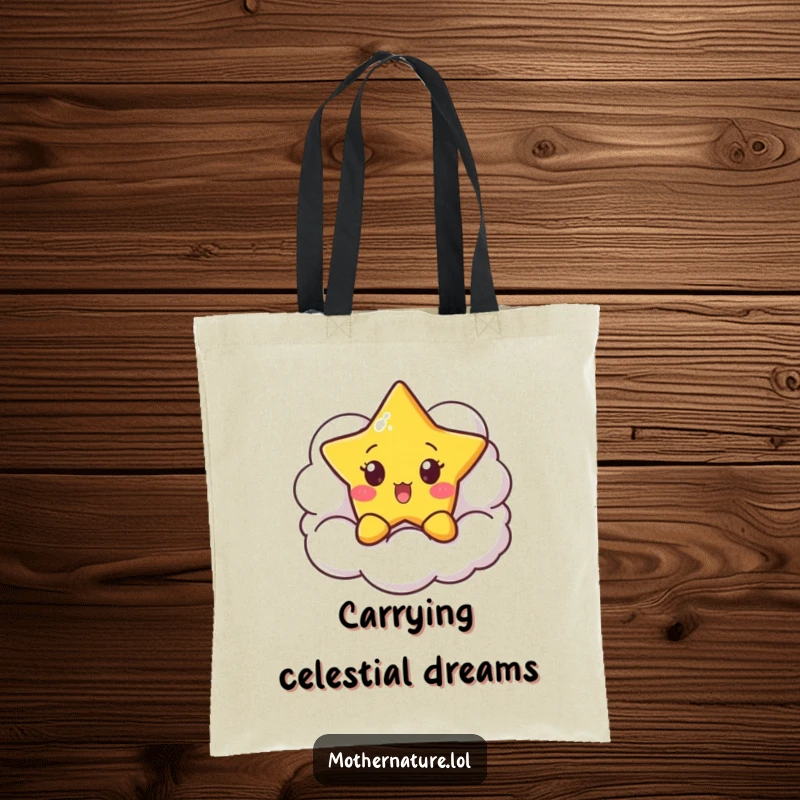 Funny Surprised Star Tote Bag with a little character peeking from behind a smiling cloud, perfect for carrying daily treasures whimsically.