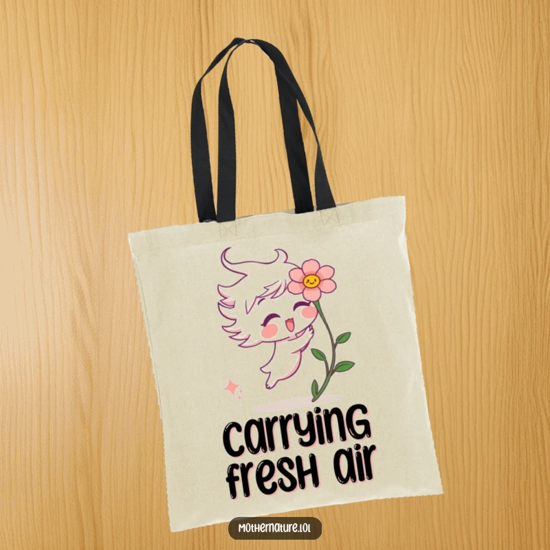 Funny tote bag showing a mischievous wind gust character tickling a surprised flower, perfect for carrying daily joys.