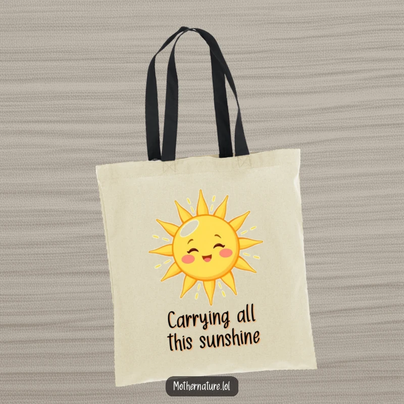 Funny sun tote bag featuring a winking character showering golden light, a cheerful and practical bag for sunny day essentials.