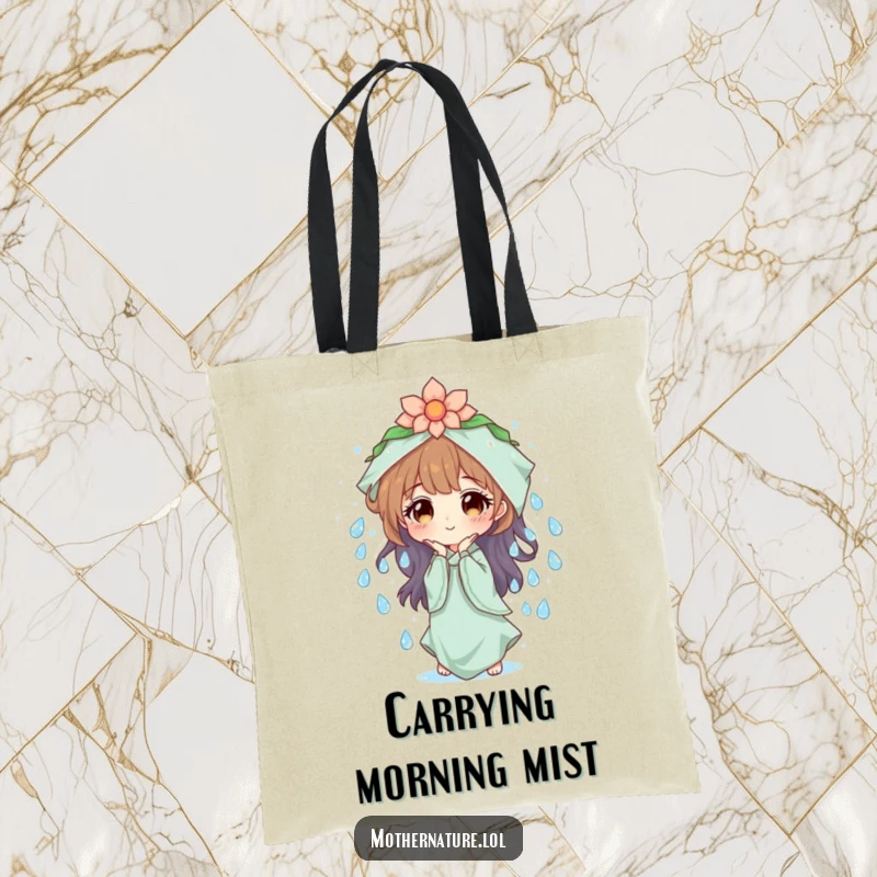 Mother Nature Tote Bag: Character creating sparkling dew drops, symbolizing purity and freshness. A stylish and refreshing gift.