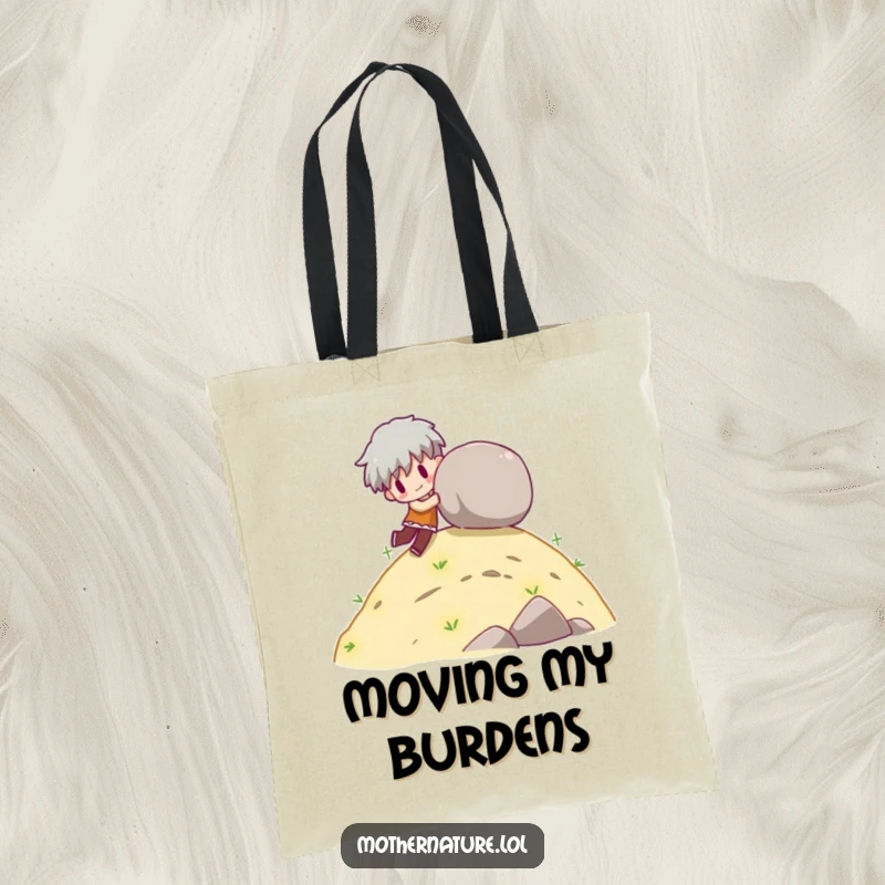Funny tote bag with a character playfully pushing a rolling boulder down a gentle hill.