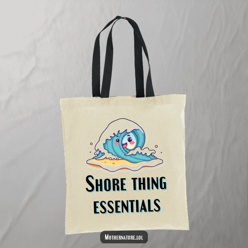 Funny Wave Character Tote Bag showing a cute wave character crashing onto a smiling beach shore with foam, perfect for beach day essentials.