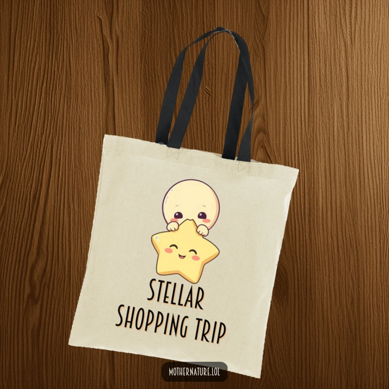 Funny tote bag with a curious moon character peeking over a giggling star. A whimsical carry-all.